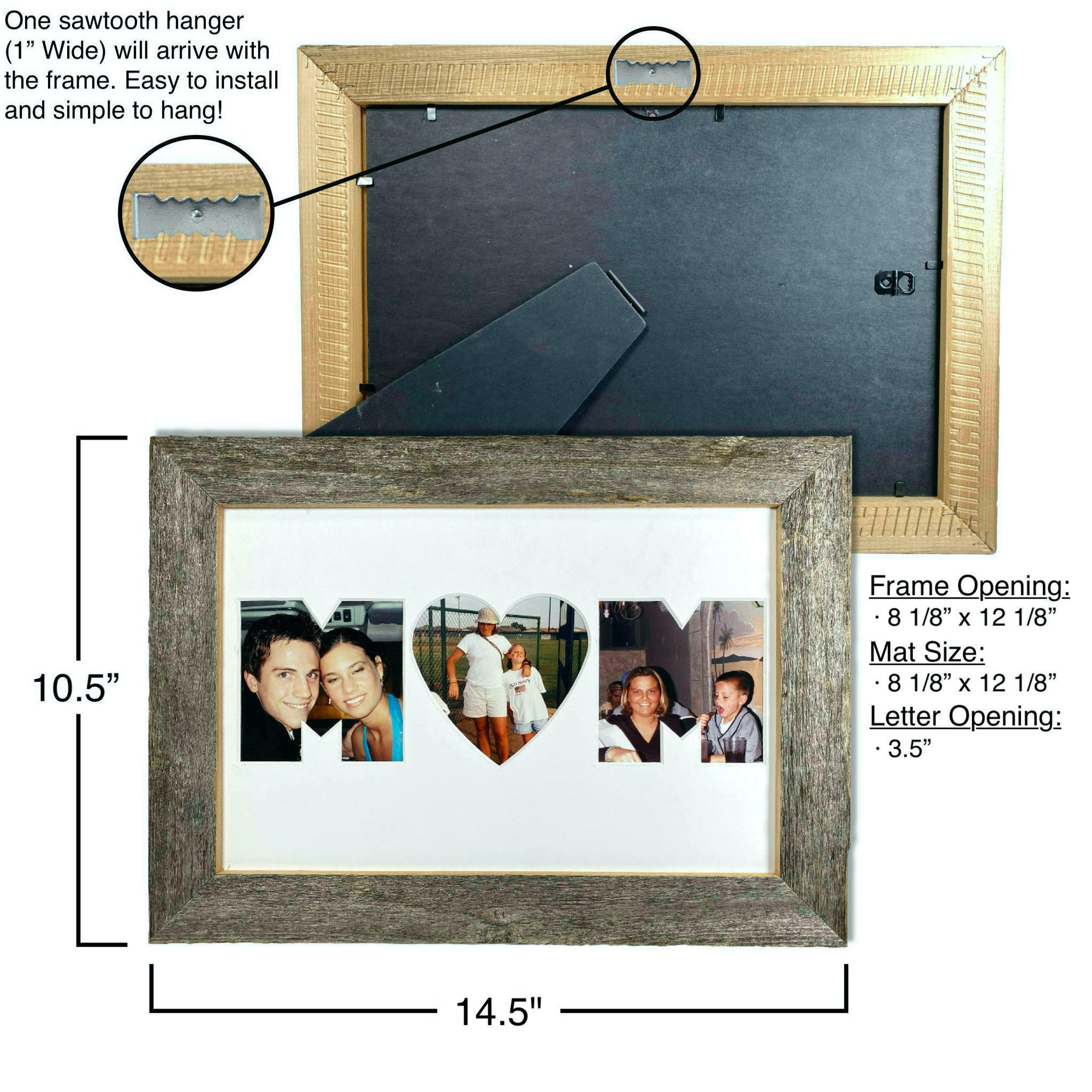 Mom Picture Frame Made from Reclaimed Wood with White Mat with Heart Shaped "O"
