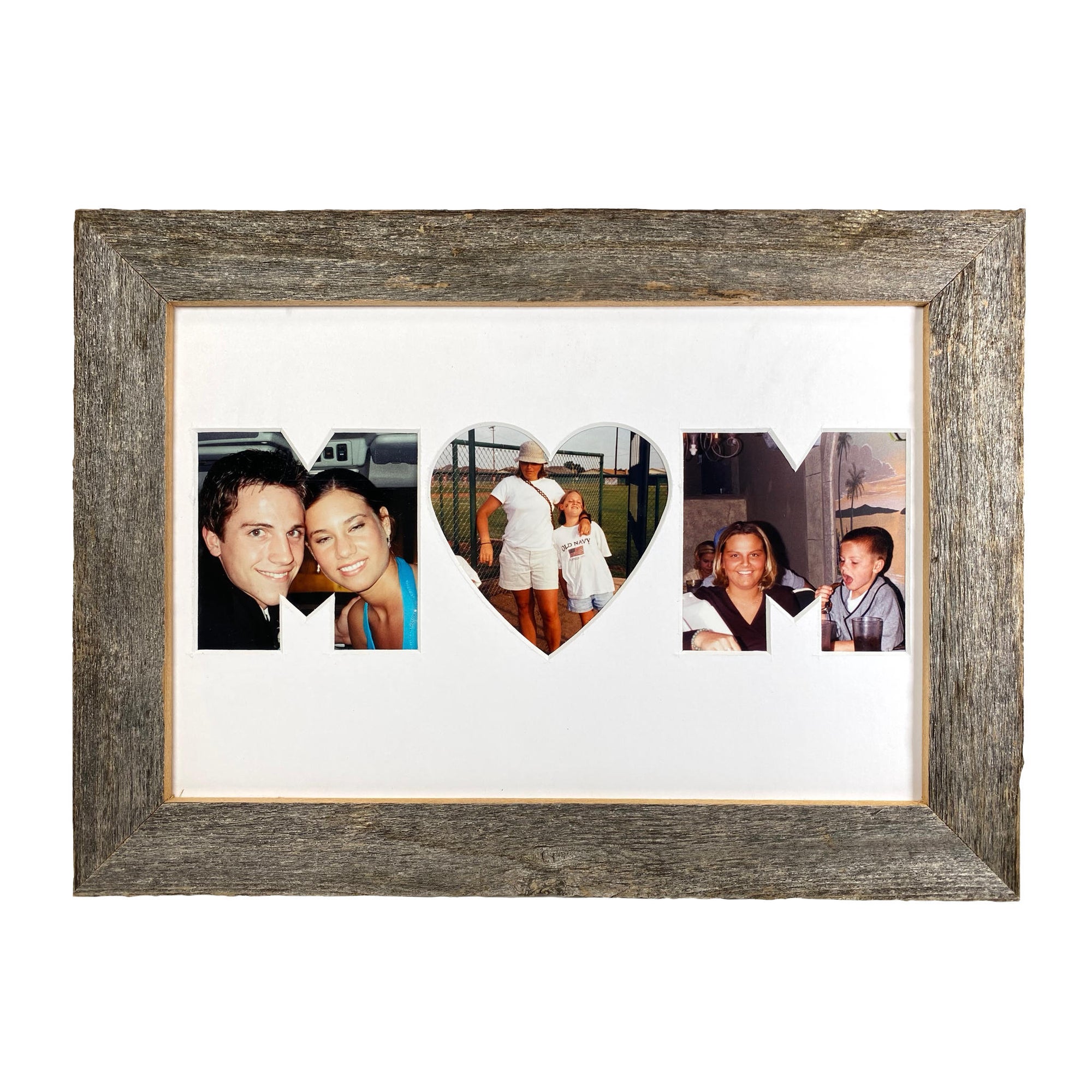 Mom Picture Frame Made from Reclaimed Wood with White Mat with Heart Shaped "O"