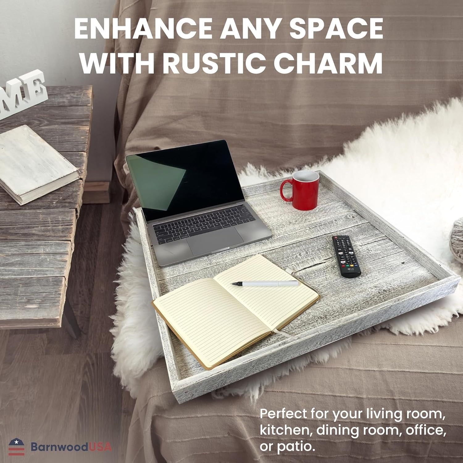 Large Rustic Ottoman Tray with Anti Scratch Felt Pad | 3 Colors | 18in & 24in