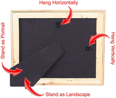 Hang and stand dual functioning wooden picture frame backside