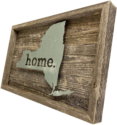 Rustic wooden frame holding metal state sign right side view