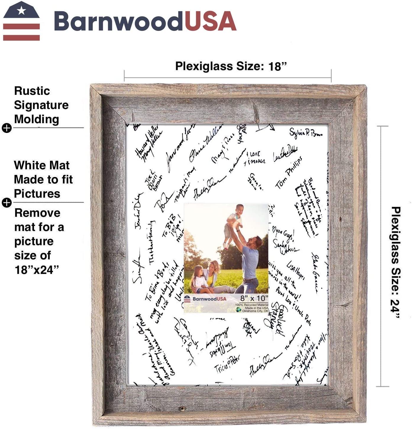 BarnwoodUSA 11x14 Inch Signature Picture Frame Matted for 8x10 Inch Photos  - 100% Reclaimed Wood, Cinder Mat